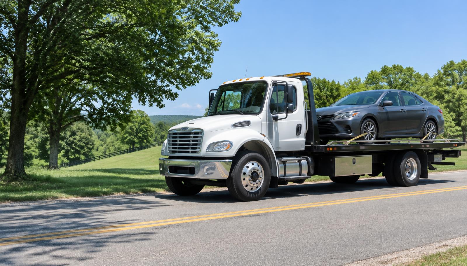 Flatbed tow truck transporting a car on a Kentucky road; illustrative service photo